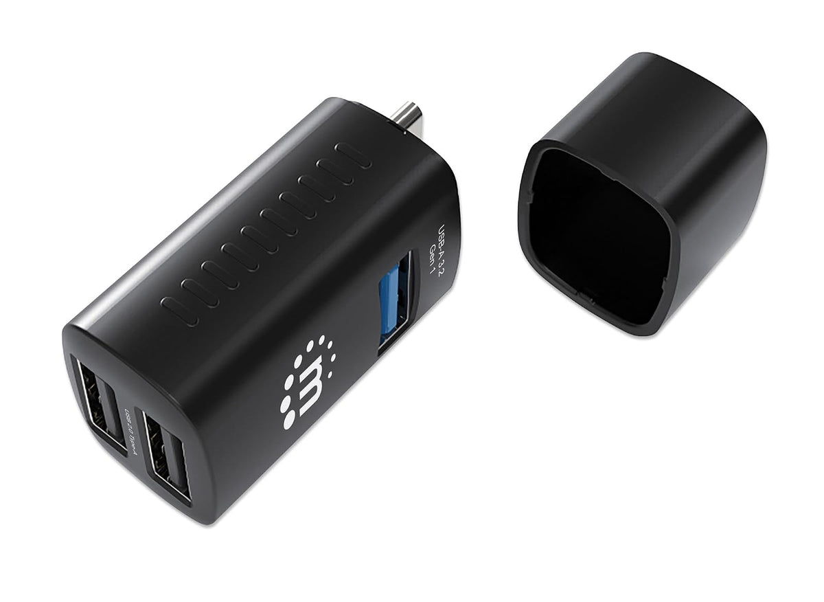 Manhattan 180993 Hub USB-C Negro: 1 Puerto USB 3.0 y 2 USB 2.0, Diseño Ultraportátil, Alimentación por Bus