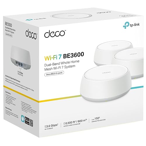 TP-Link Deco BE22(3-Pack) Router Mesh WiFi7 BE3600 Cobertura 600m² - Doble Banda 3.6 Gbps - 2 Puertos Gigabit - Roaming IA para Moverte Sin Perder Conexión - App Deco - Conecta 150 Dispositivos