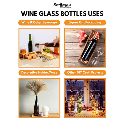 FastRack - Botellas de vino transparentes de 750 ml (paquete de 12) con corcho natural número 8 y mangas retráctiles negro mate, botellas de licor de color burdeos W5/parte superior de corcho de fondo