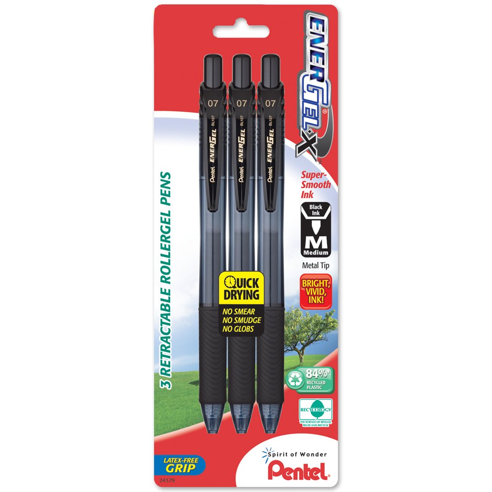 Pentel EnerGel-X Bolígrafo de Gel Punta de Aguja 0.5 mm, Paquete de 8 - 3 Count (Pack of 1) - Recargable - Black Ink