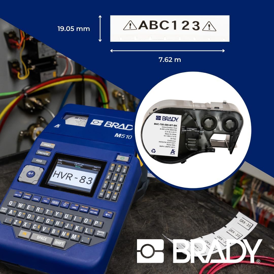 Brady Authentic (M4C-750-595-WT-BK) Etiquetas de Vinilo para Todo Tipo de Clima, 0.75 Pulgadas de Ancho x 25 pies, Negro sobre Blanco. para Uso con impresoras de Etiquetas BMP41, BMP51, M410, M510 y