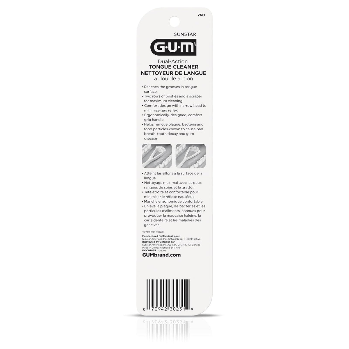 GUM Limpiador de lengua – cepillo para polvo de lengua de cerdas suaves de doble acción con raspador de lengua para una mejor higiene bucal, tratamiento de mal aliento (paquete de 3)