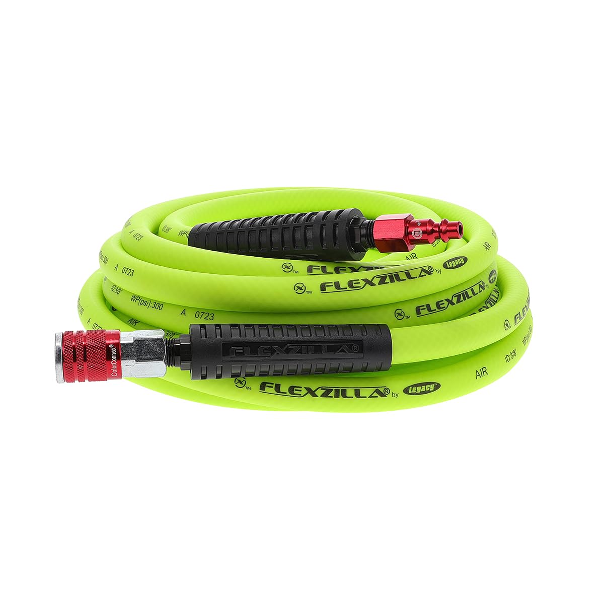 Flexzilla Air Hose with ColorConnex Industrial Type D Coupler and Plug, 3/8 in. x 25 ft, Heavy Duty, Lightweight, Hybrid, ZillaGreen - HFZ3825YW2-D