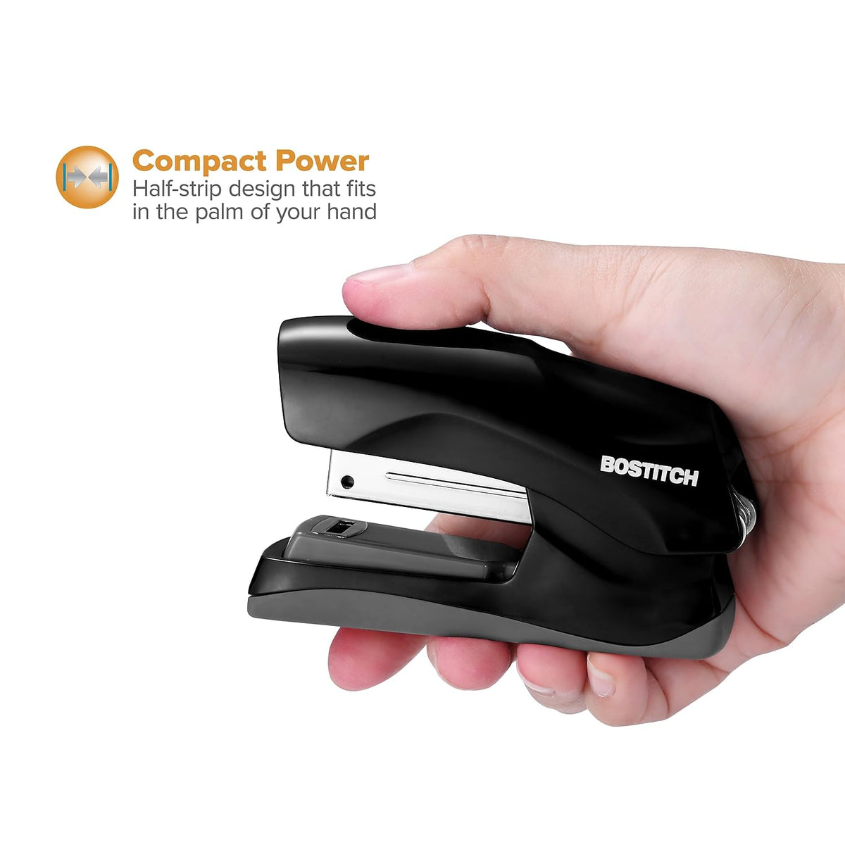 Bostitch - Grapadora de oficina resistente, capacidad de 40 hojas, sin atascos, media tira, cabe en la palma de tu mano, para aula, oficina o computadora, color negro