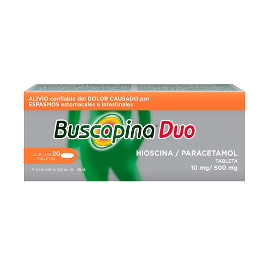 Buscapina Duo alivia dolor de panza. Hioscina 10 mg / Paracetamol 500 mg, 20 tabletas
