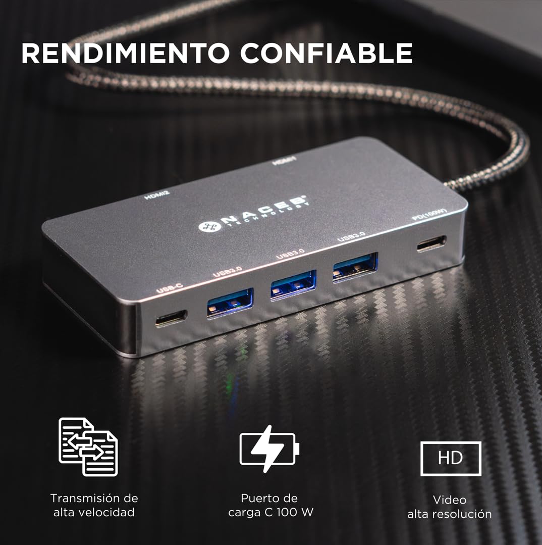 Naceb Technology HUB USB-C 7 en 1 Dual HDMI 4K, Adaptador Multipuerto con 100W PD Carga Rápida, 3 USB 3.0, 1 USB-C Datos 5Gbps, Estación de Acoplamiento para Laptop, MacBook, iPad y PC, Gris (NA-0147)