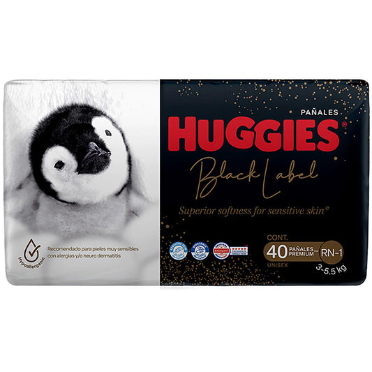 Huggies Black Label Pañales Desechables Premium, Etapa RN-1 Unisex, Bolsa con 40 piezas, Ideal para bebés de 3 a 5.5 kg