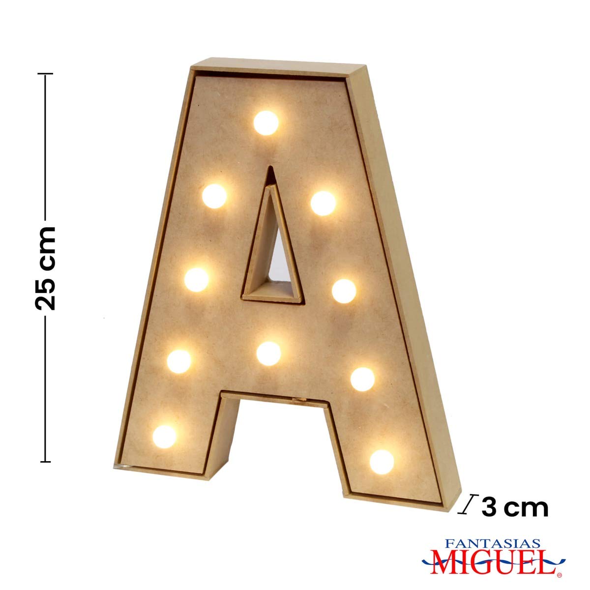 Mylin Letras de Madera con Serie de Focos LED. Tamaño 25cm. Letras del Alfabeto, Para Fiestas, Mesas de Dulces, Bar, Bodas, Recepciones, Escenarios, Hogar. Letra A