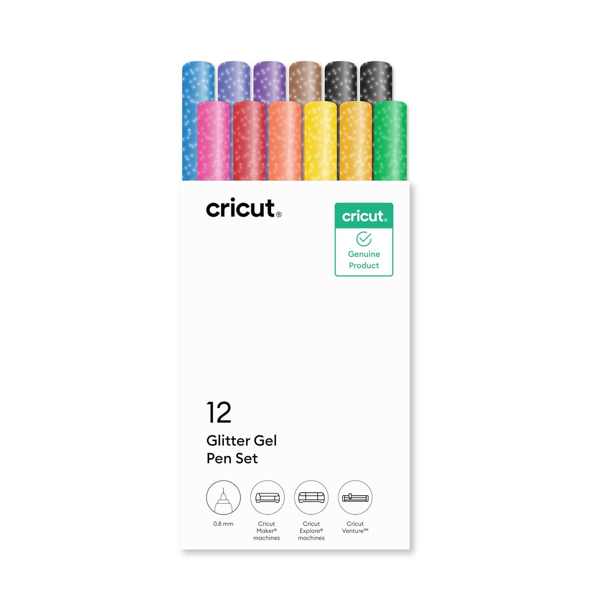 Cricut Bolígrafos de Gel con Purpurina Rainbow Sampler, 0.8 mm (12 pz) - Para Cricut Explore, Maker y Venture - 12 unidades (1 unidad)