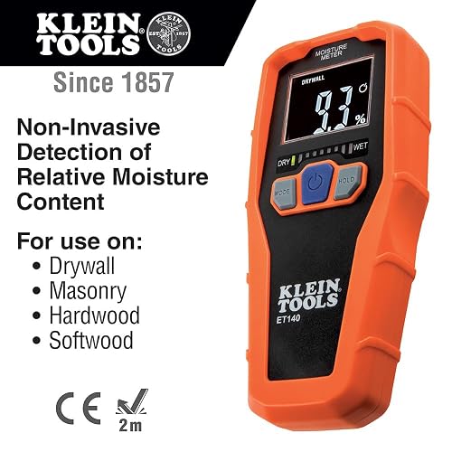KLEIN TOOLS ET140 | Medidor De Humedad | Hasta 3/4 Pulgadas | Madera Y Yeso | Detecta humedad hasta 3/4 pulgadas de profundidad en madera, yeso y mampostería para revisar áreas con mayor precisión.