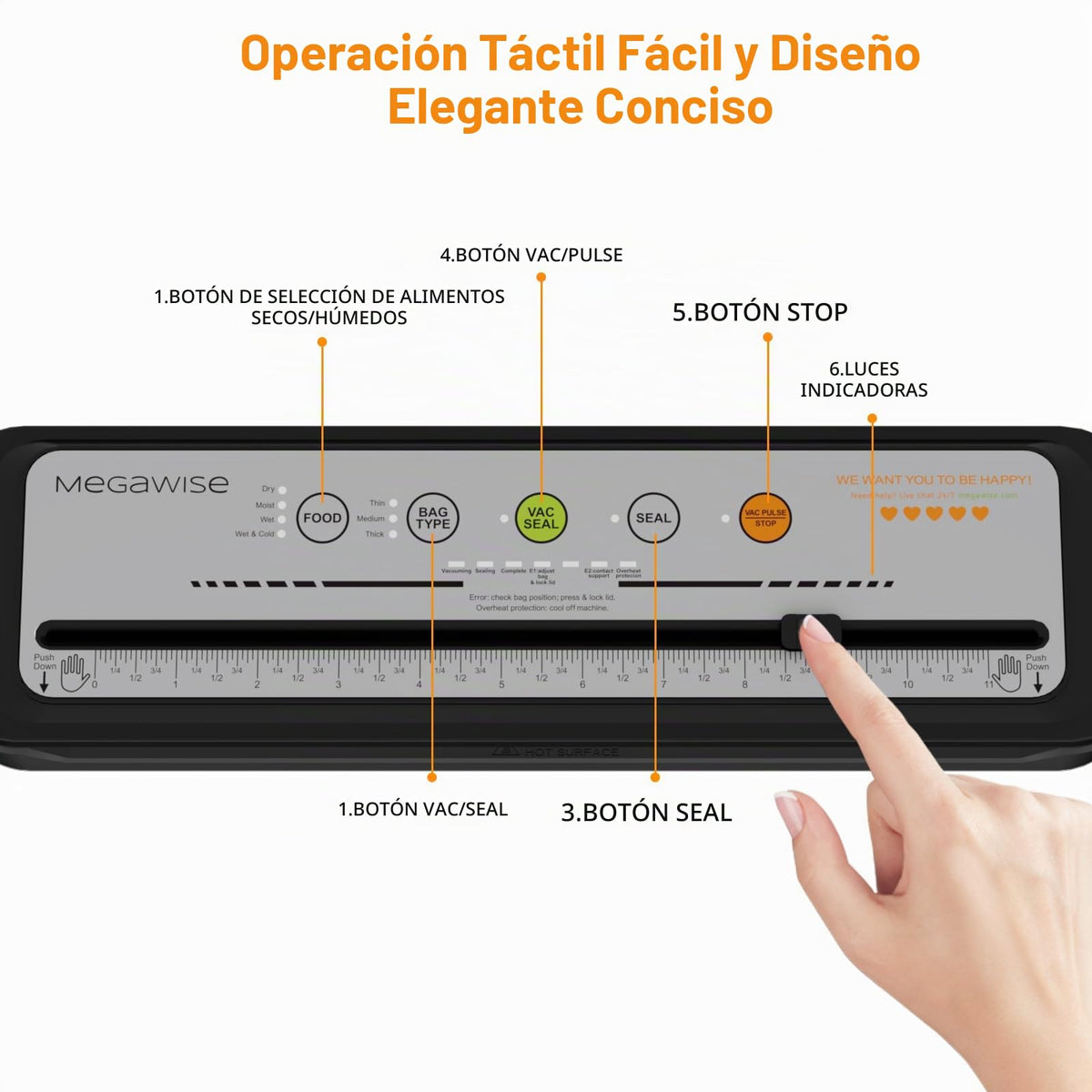MEGAWISE Selladora al vacío con cortador, modos Dry y Moist, 10 bolsas | 80 kPa, VAC SEAL automático, VAC PULSE/STOP manual, ajustes Thin, Medium y Thick, manguera para recipientes compatible