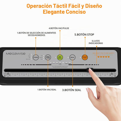 MEGAWISE Selladora al vacío con cortador, modos Dry y Moist, 10 bolsas | 80 kPa, VAC SEAL automático, VAC PULSE/STOP manual, ajustes Thin, Medium y Thick, manguera para recipientes compatible