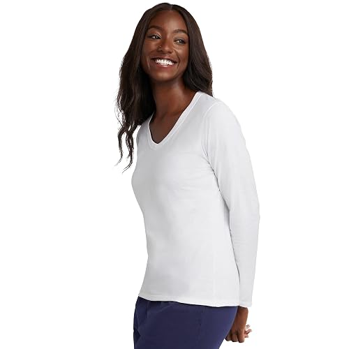 Hanes Playera de Manga Larga con Cuello en V. Camisa para Mujer