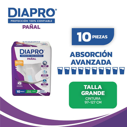 Diapro Pañal Anatómico Desechable para Incontinencia, Talla Grande, Unisex, Caja con 40 Piezas (4 paquetes de 10 piezas c/u), con protección trasera
