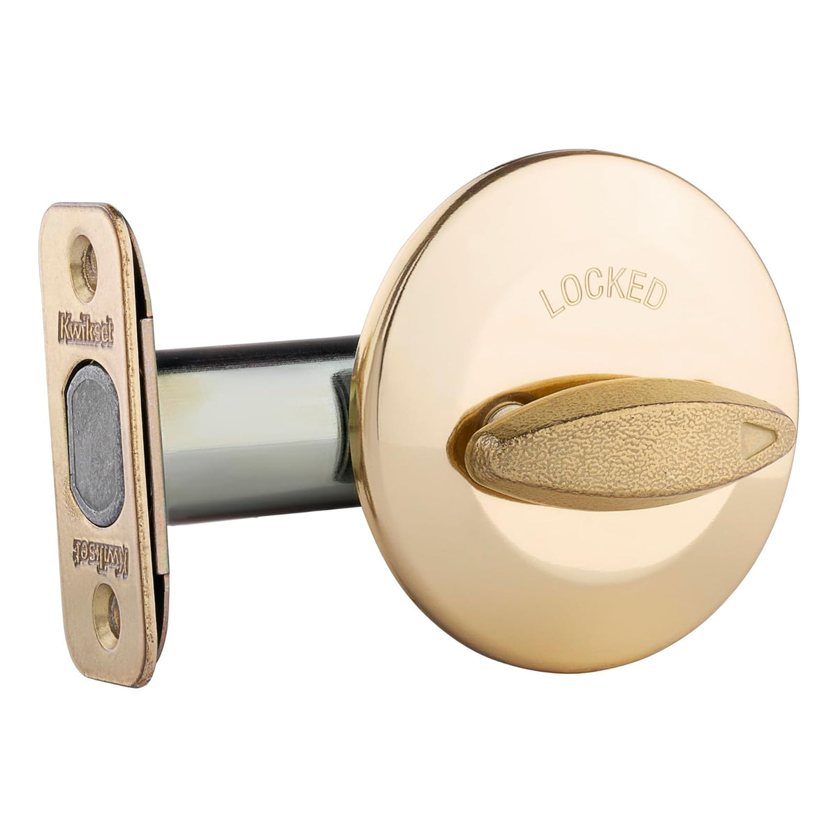 Kwikset 663 - Cerrojo de cerrojo sin llave, pieza giratoria interior redonda de latón pulido para puerta de entrada delantera, con pestillo y adaptador, sin montaje exterior