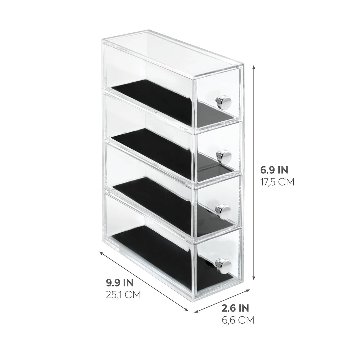 InterDesign Clarity - Jewelry organizer, with 4 drawers for watches, necklaces, rings, etc, anti-scratch, Plastic, Transparent