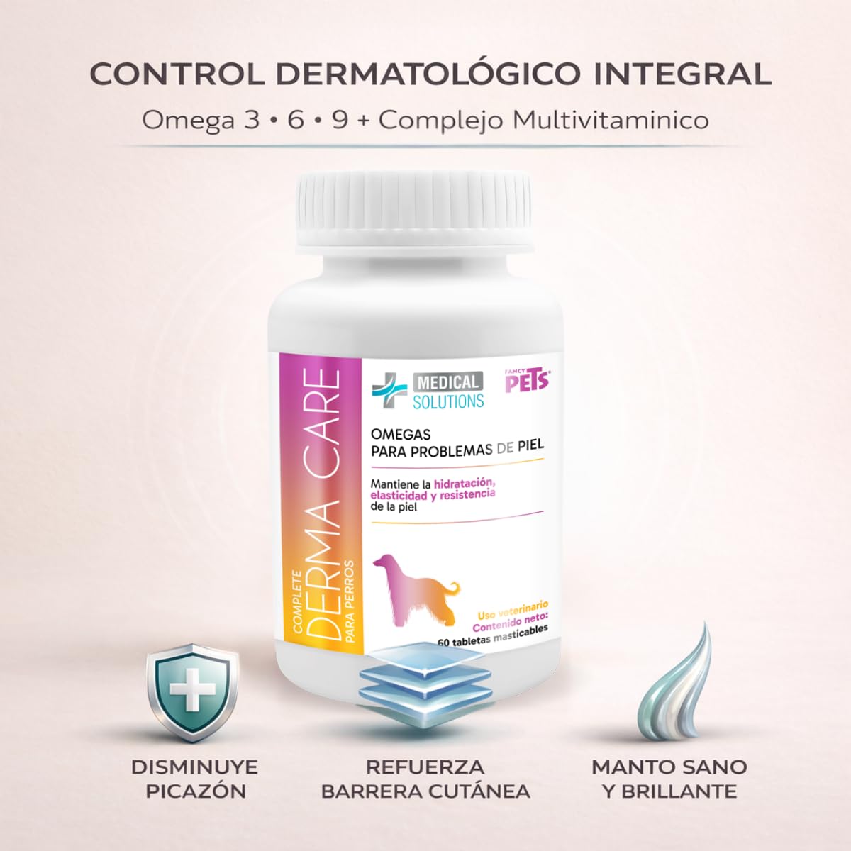 Fancy Pets Medical Solutions Complete Derma Care para Perros 60 Tabletas Masticables Suplemento Nutricional para Piel y Pelaje Saludable