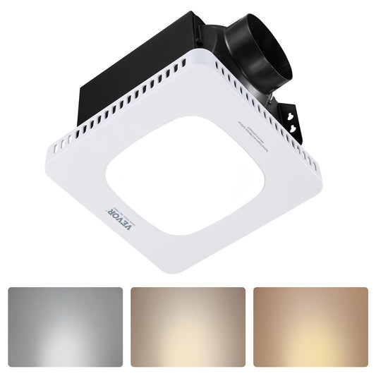 VEVOR Extractor de aire para baño con luz LED, 80 CFM, tres velocidades, 1.5 sones, silencioso, motor de CA premium, ventilador de techo para lavandería, trastero y ventilación del hogar, color blanco