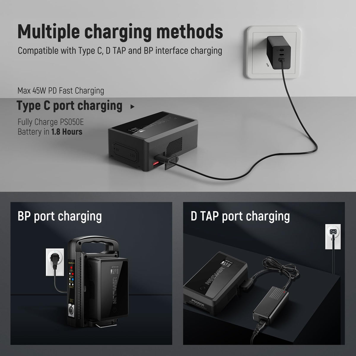 NEEWER Mini V Mount Battery con D Tap/USB C/USB A/BP/Puertos DC Dobles/Pantalla OLED, 3450mAh 50Wh 14.54V V V Lock Batería Soporta 45W PD Carga Rápida para Monitor de Cámara Luz de Video, PS050E