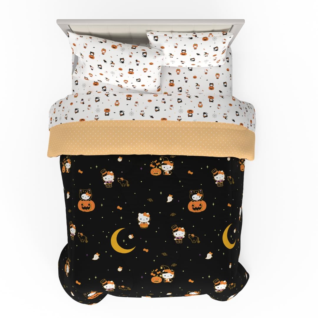 Franco Juego de Edredón y Sábanas Snoopy Microfibra - 5 Piece Full Size - Naranja - Hello Kitty Halloween