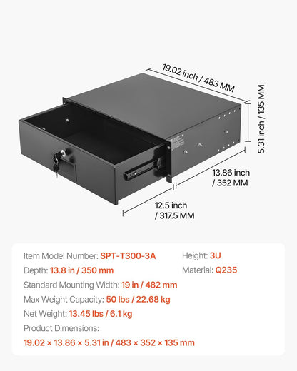 VEVOR Cajón para Montaje en Rack de 3U, Carga de 22,68 kg, Cajón Deslizante con Cerradura y Orificios para Gestión de Cables, para Rack o Gabinete de AV para Servidores de Equipos de Red de 48,26 cm