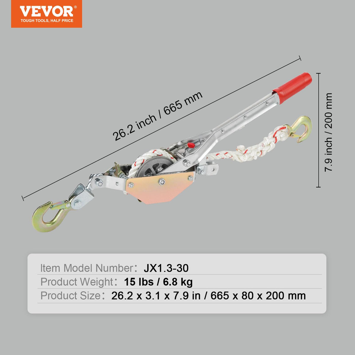 VEVOR Extractor de cuerda, capacidad de tracción de 3/4 toneladas (1.5 libras), con 100 pies de 1.5 cm de diámetro. Cuerda, 2 ganchos, cabrestante, herramienta de extracción de carraca resistente para