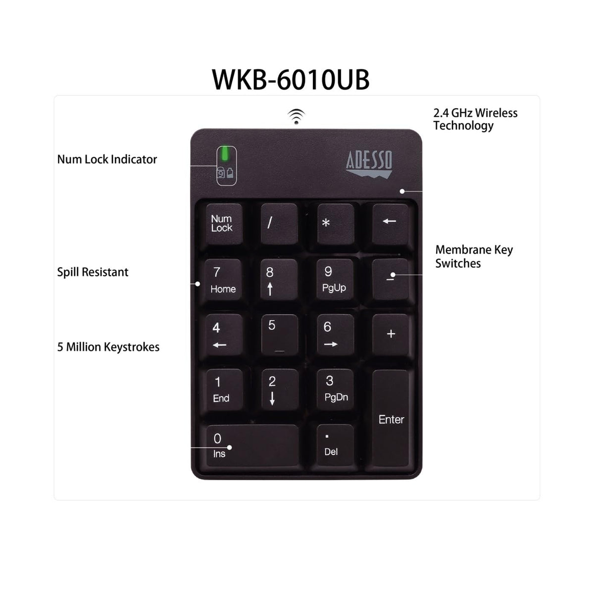 Adesso WKB-6010UB - Wireless Spill Resistant 18-Key Numeric Keypad