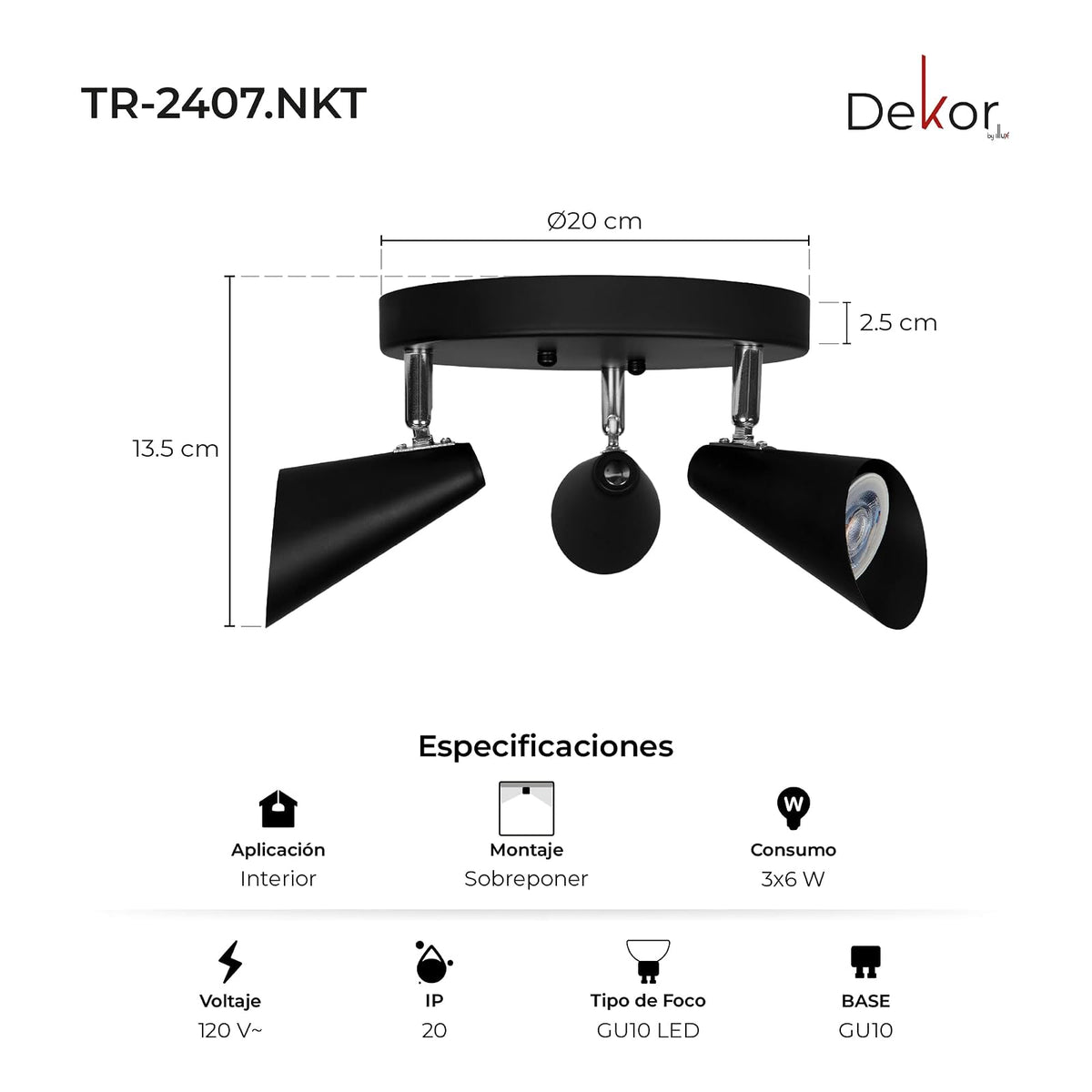 ILLUX Lámpara de Techo Triple Spot Dirigible Negro Mate con 3 Focos LED 3x6W Luz Cálida 2700K 500lm Interior TR-2407.NKT27
