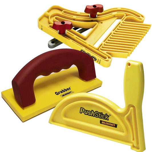 Milescraft 7334 Paquete de seguridad – Incluye tabla de plumas, palo de empuje y bloque de empuje GRATIS Ideal para usar en mesas de enrutador, sierra de mesa, juntas e incluso sierras de cinta,