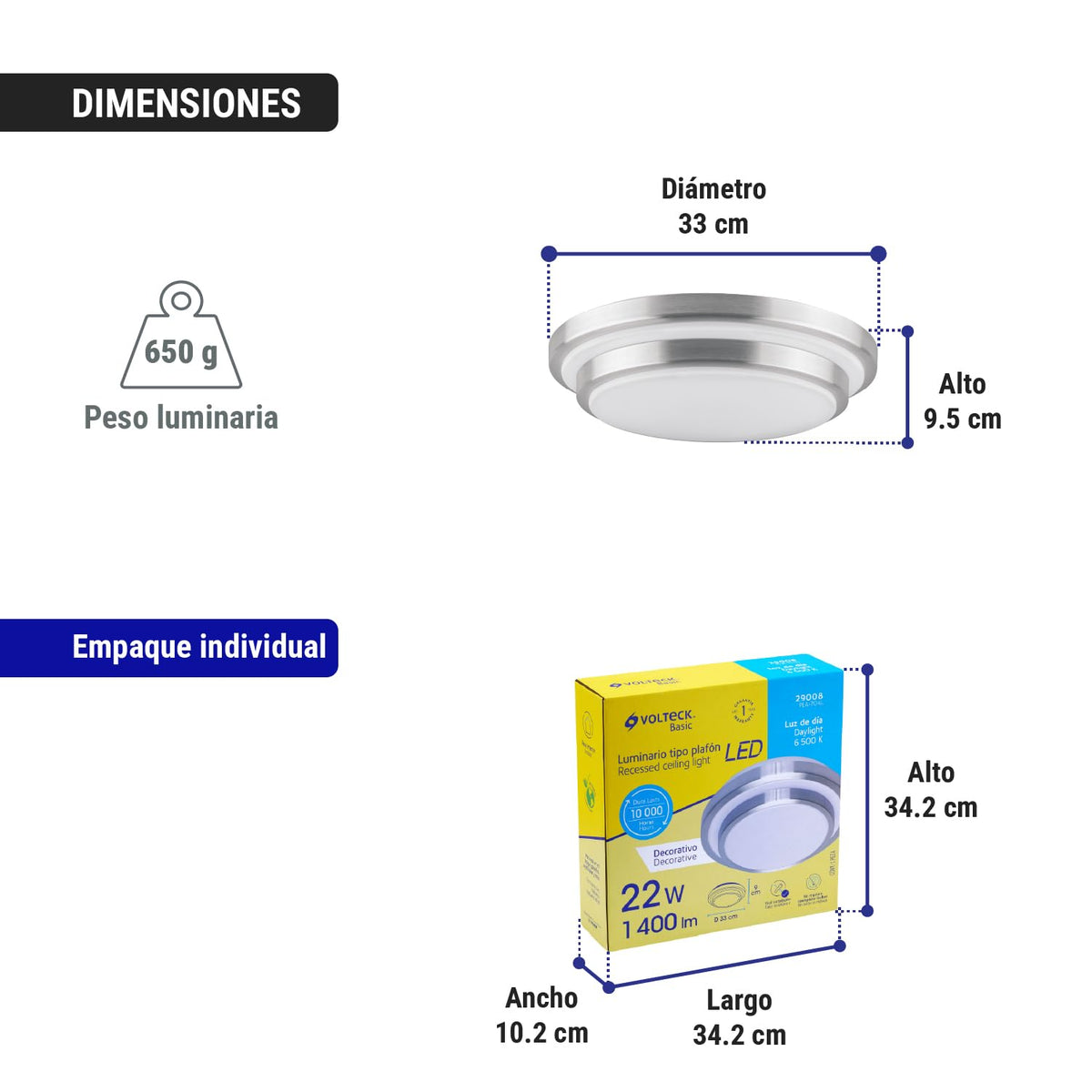 Volteck Basic PLA-704L, Luminario decorativo de LED 22 W de sobreponer tipo plafón metálico luz día