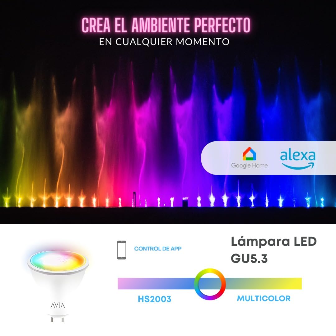 iGoto Foco Inteligente Dimmable GU5.3 Wifi AVIA, RGB 2700 a 6500K Multicolor SmartHome, compatible con IOS, Android, Asistente de Google y Alexa, Multivoltaje 400 lm, 5W Control de voz SH2003