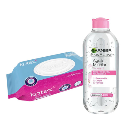 Kotex Toallitas Húmedas para Higiéne Íntima, 1 paquete con 56 piezas + Garnier Skin Active Agua micelar desmaquillante, 400ml