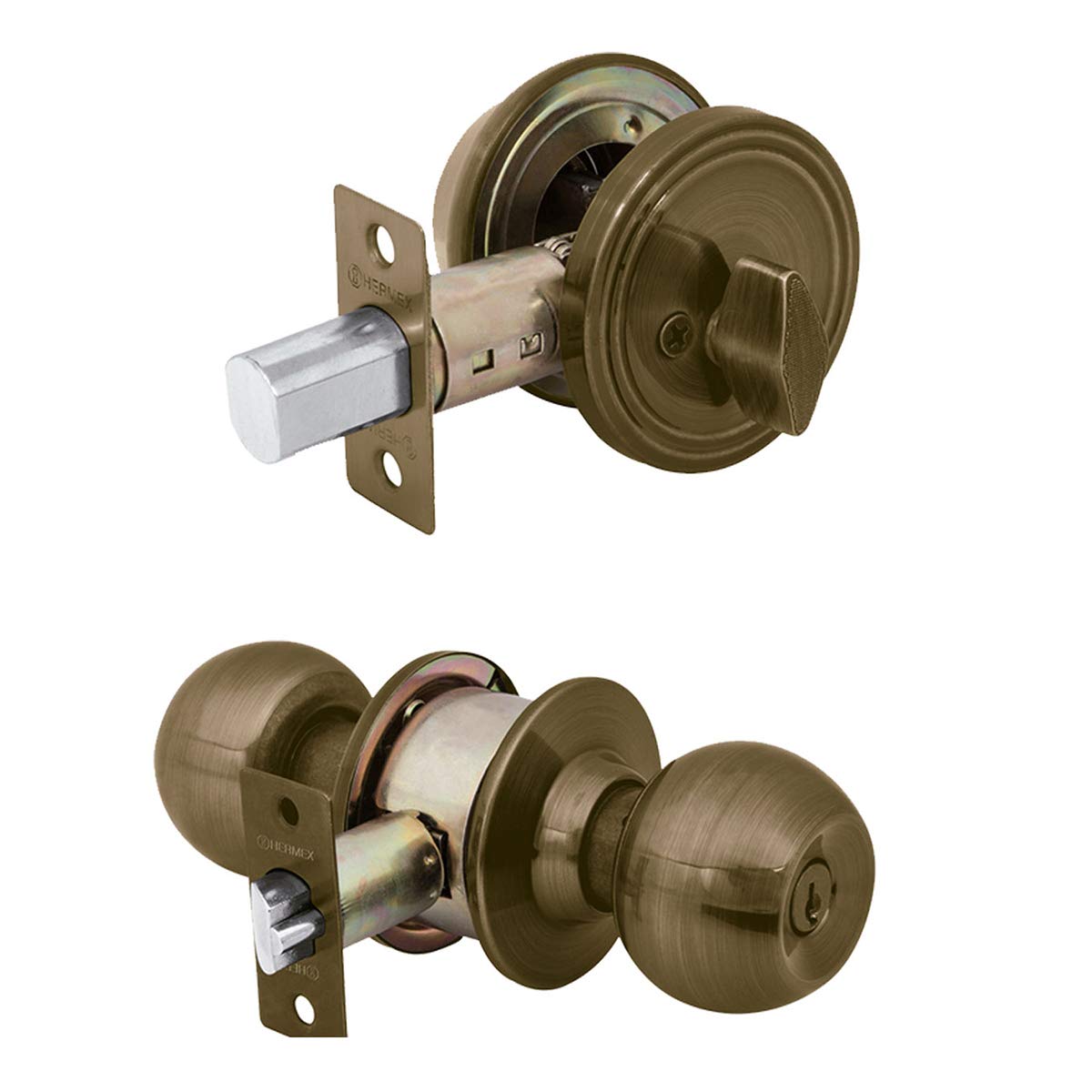 Hermex Combo de Cerraduras para Puerta CMB-62P - Latoón antiguo - Llave-mariposa