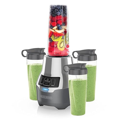 Black+Decker Licuadora Personal 600W con Tecnología Silenciosa, PB2004G | 4 vasos personales de 500Ml, 2 velocidades más función pulso y cuchillas de acero inoxidable