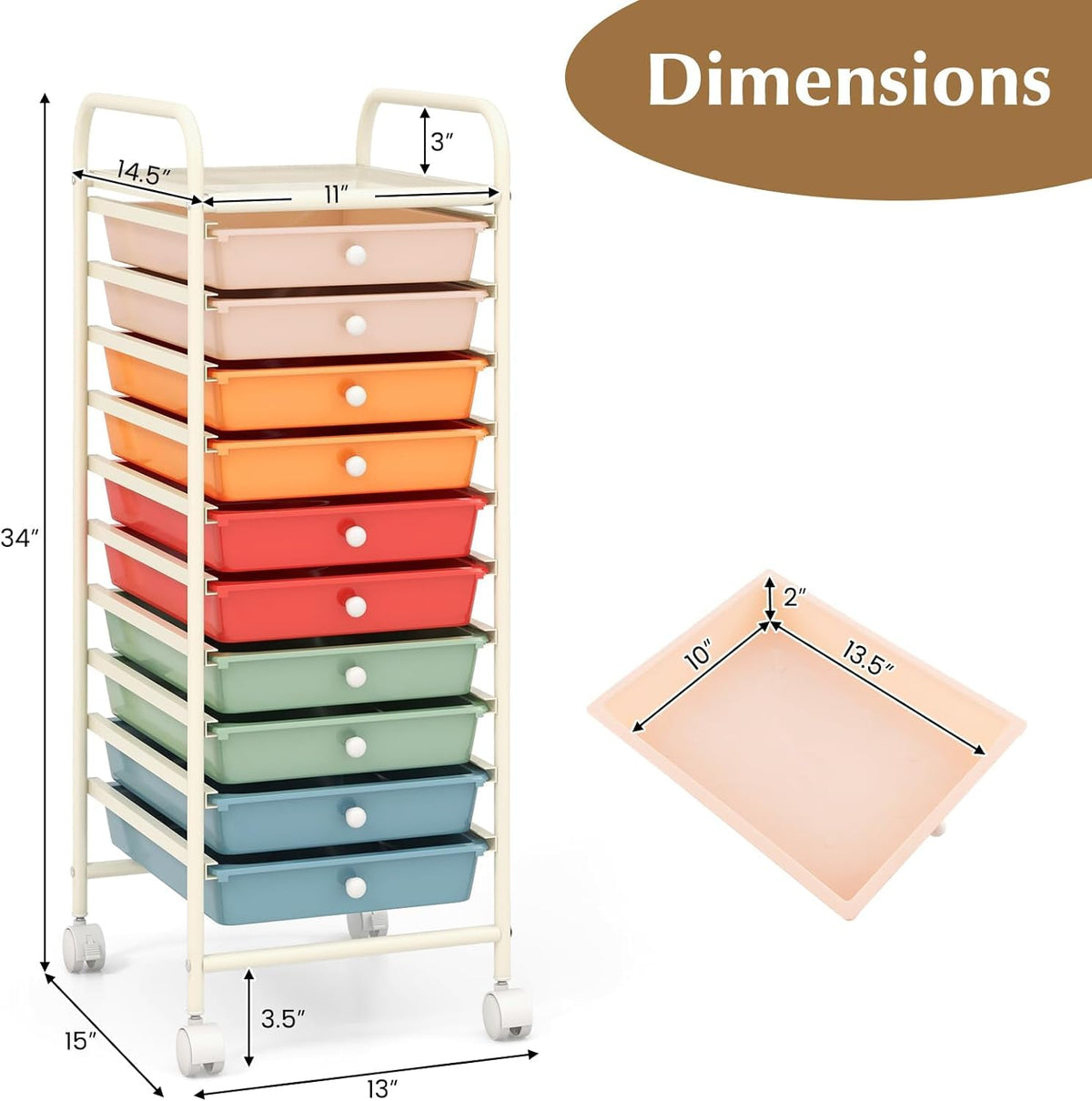 OFFICEJOY - Carrito de almacenamiento con 10 cajones, asas portátiles y ruedas con bloqueo, organizador de almacenamiento de juguetes de papel móvil de gran capacidad para el hogar, oficina, profesor