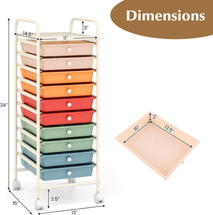 OFFICEJOY - Carrito de almacenamiento con 10 cajones, asas portátiles y ruedas con bloqueo, organizador de almacenamiento de juguetes de papel móvil de gran capacidad para el hogar, oficina, profesor