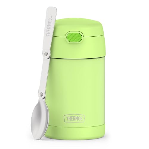 THERMOS FUNTAINER - Tarro de acero inoxidable aislado al aspiradora de 16 onzas con cuchara plegable, lima neón