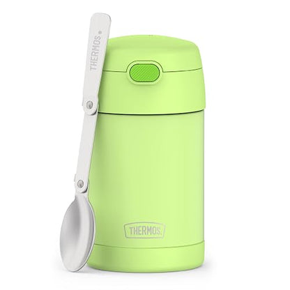 THERMOS FUNTAINER - Tarro de acero inoxidable aislado al aspiradora de 16 onzas con cuchara plegable, lima neón