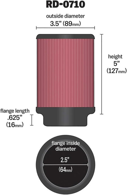 K&N RD-0710 Universal Clamp-On Air Filter: Round Straight; 2.5 in (64 mm) Flange ID; 5 in (127 mm) Height; 3.5 in (89 mm) Base; 3.5 in (89 mm) Top