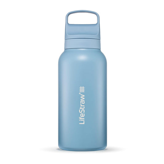 LifeStraw Go Series - Botella de filtro de agua de acero inoxidable aislada para viajes y uso diario, elimina bacterias, parásitos y microplásticos, mejora el sabor, 1 L azul islandés