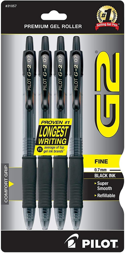Pilot G2 Bolígrafos de Gel Recargables Punta Fina 0.7 mm - Negro - paquete de 4 piezas