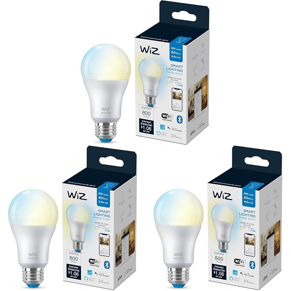 WiZ Foco Inteligente A19 8.8W luz cálida a fría dimeable controlable por WiFi (Paquete de 3)