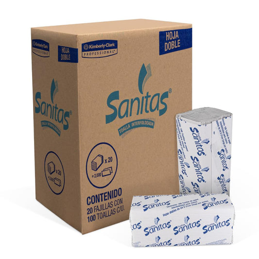 Kimberly-Clark Toalla Interdoblada para Manos Sanitas, Caja con 20 Fajillas de 100 Toallas, con Grabado, Professional