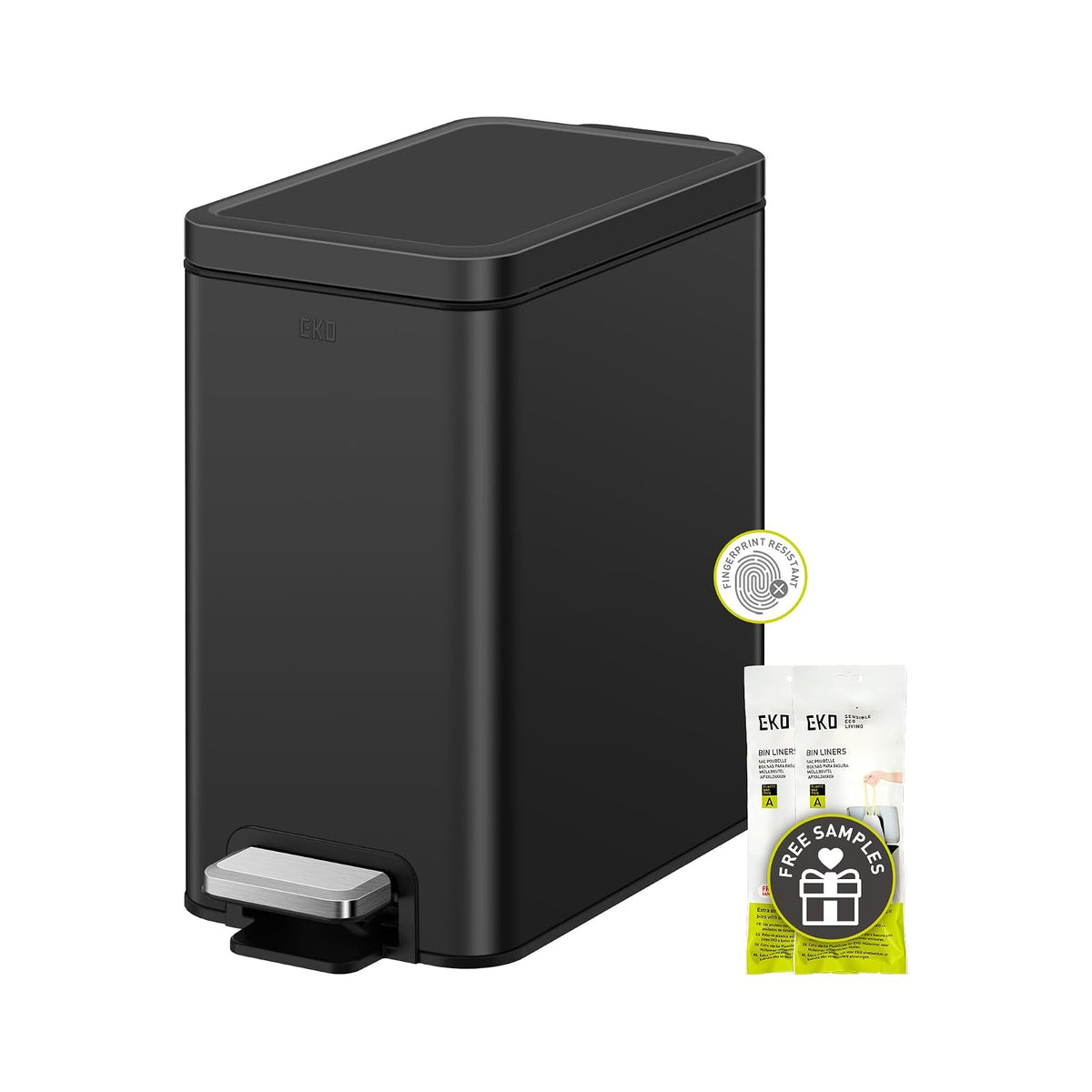 EKO - Bote de basura pequeño para baño con tapa, cierre suave, pedal de paso, bote de basura de acero inoxidable de 6 litros/1.6 galones con cubeta interior extraíble, acabado antihuellas (negro mate) - 6L - Matte Black