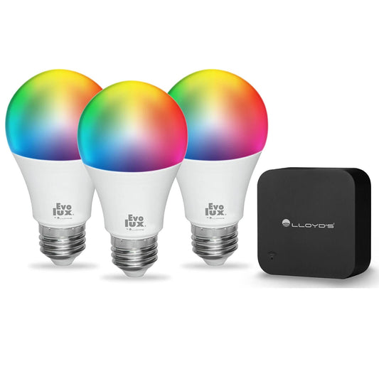 Lloyd's Mando Universal Inteligente IR RF + Evolux by Foco LED Inteligente WiFi A19 configuración automática (Redes de 2.4 GHz) Compatible con Alexa (3 Focos)