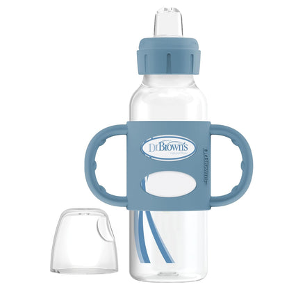 Dr. Brown's Milestones - Botella estrecha para beber con asas 100% de silicona, botella de fácil agarre con boquilla suave, 8 onzas/250 ml, última intervensión de BPA, azul claro, 6 m+