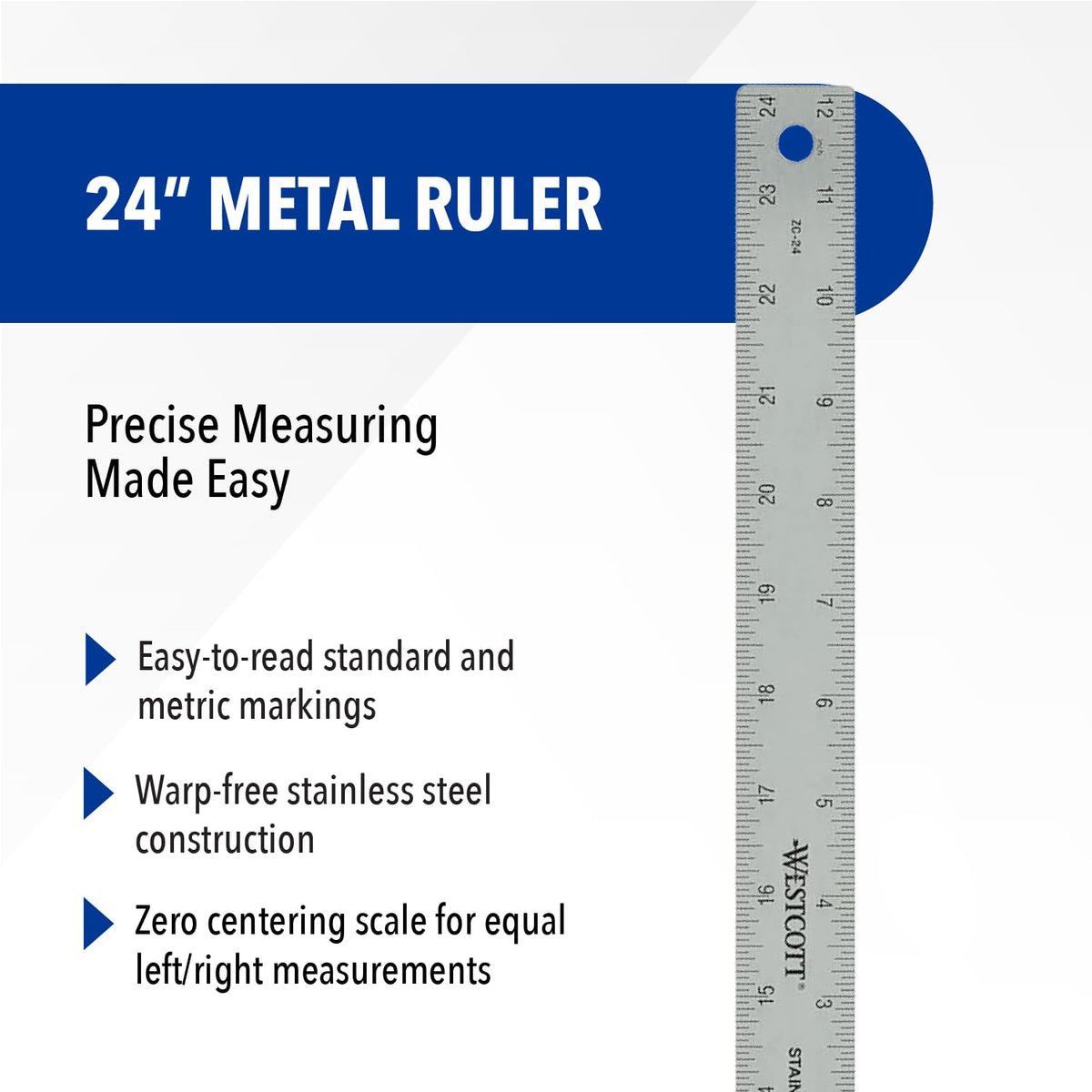 Westcott ZC-24 Zero Center Regla de Metal Acero Inoxidable | 24 pulgadas, base de corcho antideslizante, escala de centrado cero, marcas 1/16 y métricas