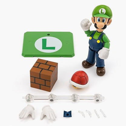 TAMASHII Nations S.H. Figuarts Super Mario Luigi Figura | 4.3 pulgadas alto, accesorio ladrillo, accesorio carcasa roja, soporte incluido