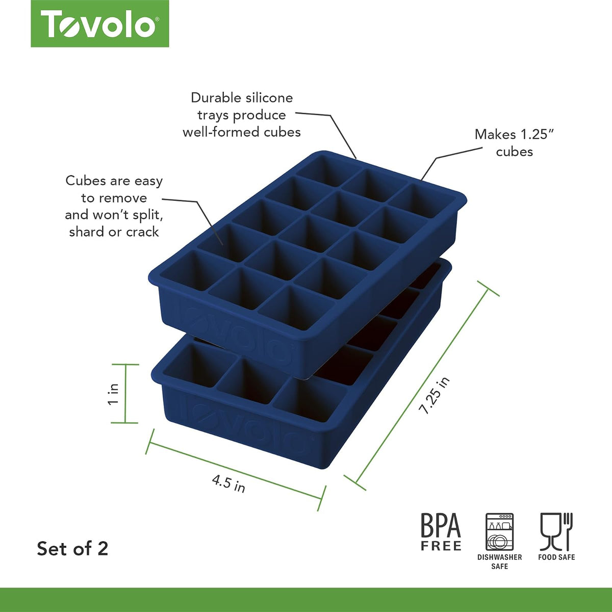 Tovolo Perfect Cube - Juego de 2 bandejas de hielo (índigo profundo), moldes de silicona reutilizables para whisky, cócteles, café, accesorios de camarero y batidos, sin BPA y apto para lavaplatos