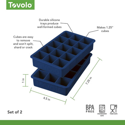 Tovolo Perfect Cube - Juego de 2 bandejas de hielo (índigo profundo), moldes de silicona reutilizables para whisky, cócteles, café, accesorios de camarero y batidos, sin BPA y apto para lavaplatos